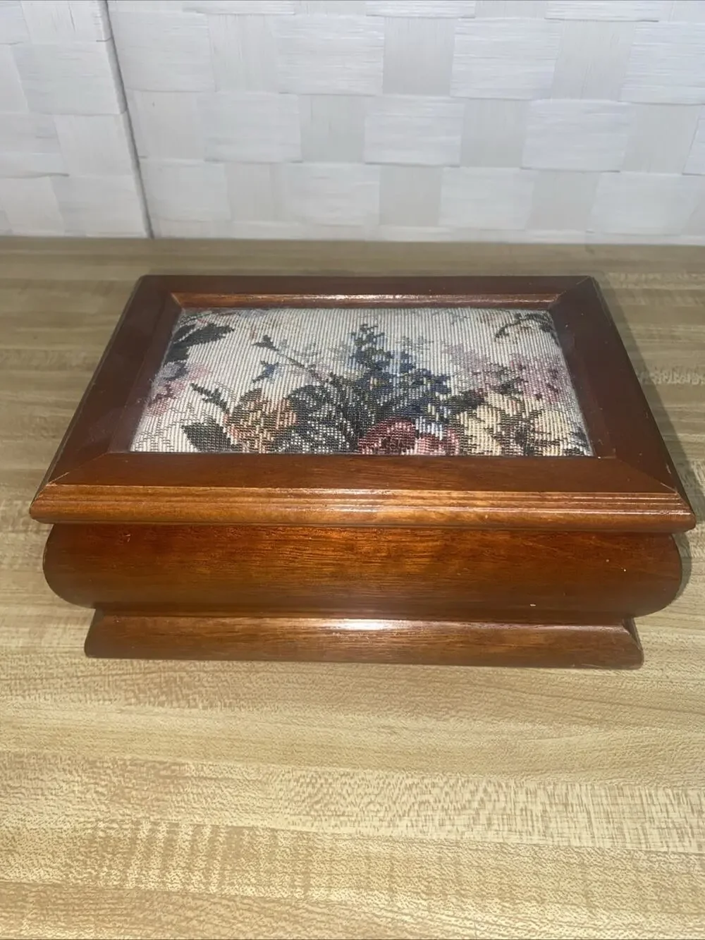 Vintage Jewelry Box Wood with Floral Tapestry Inlaid Top Mirrored Velvet Inside